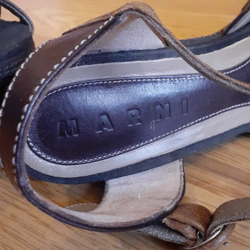 MARNI Brown Leather Platform Wedges Sandals Sz 37/7